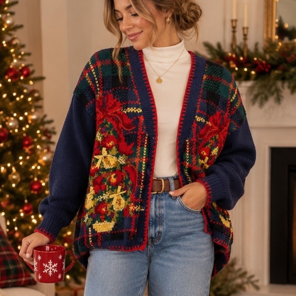 Tiara International Cardigan Women M Blue Christmas Plaid Ugly Sweater Vintage